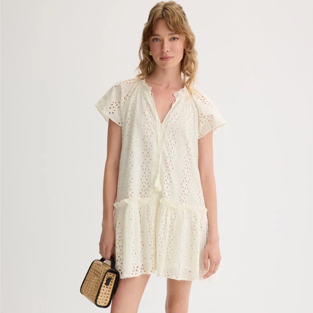 Cleobella Lydia Eyelet Mini Dress Organic Cotton Ivory Large Boho Cottagecore